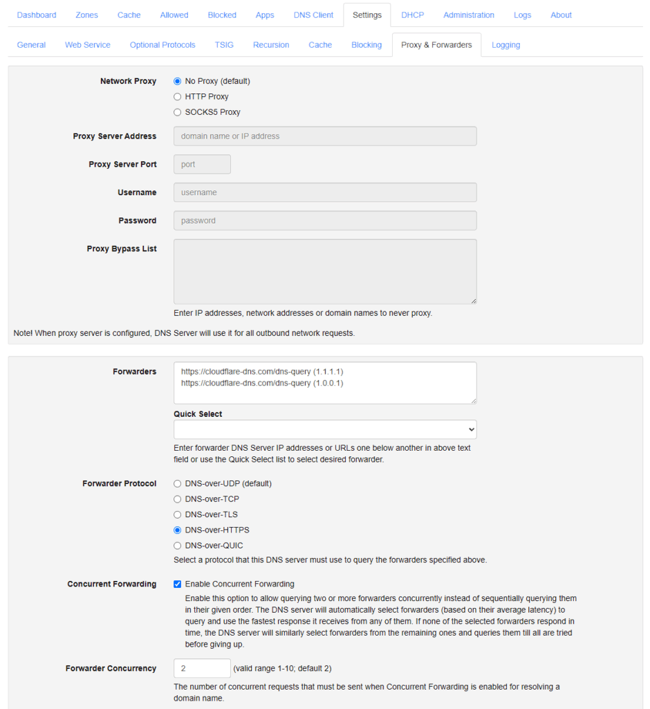 Screenshot of the configuration of our DNS forwarders for upstream requests.